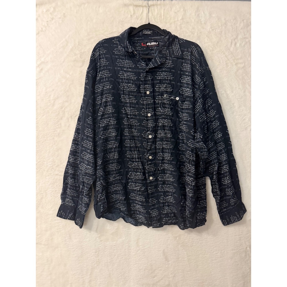 Vintage FUBU The Collection Script Print Button Up Shirt Black XL 90s Hip Hop